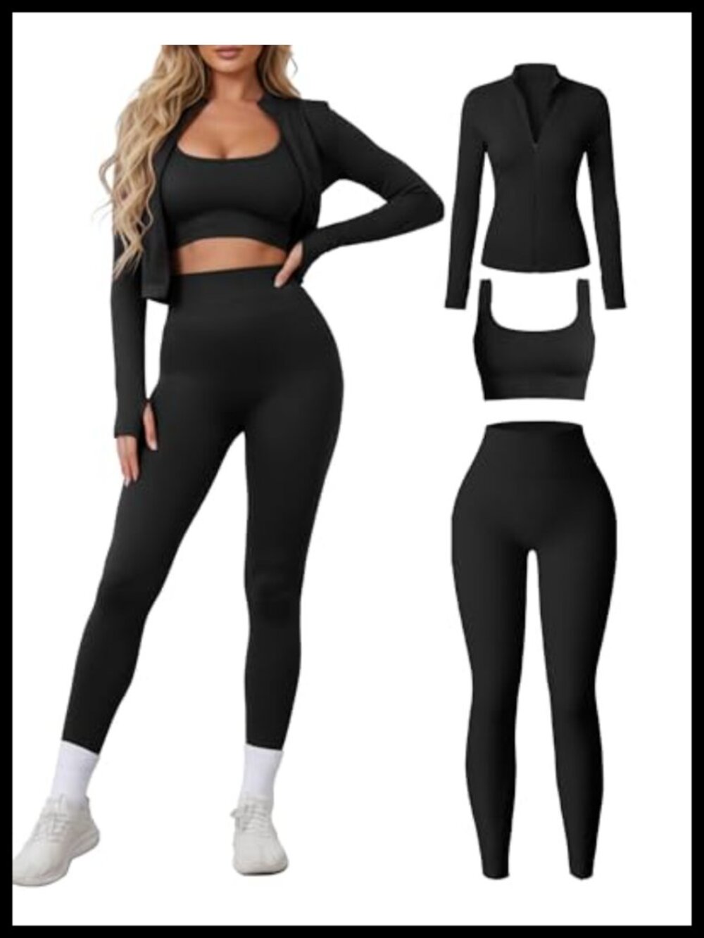 Seamless 3 Piece Workout Set Sports Bra Leggings Zip Jacket Thumbhole